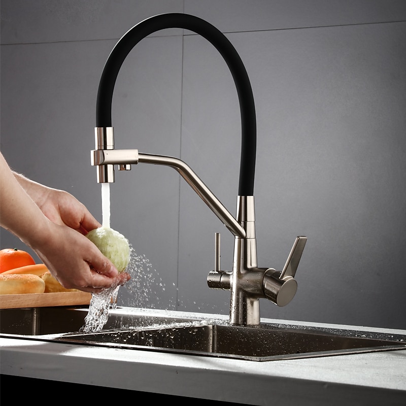 keukenkraan neerklapbare sproeikop, gezuiverd water dubbele uitloop kranen gootsteen mixer badrandcombinaties, 360 roterende dubbele handgreep hoge boog flexibele buis vat messing kraan 2024 - €109.99 -P9