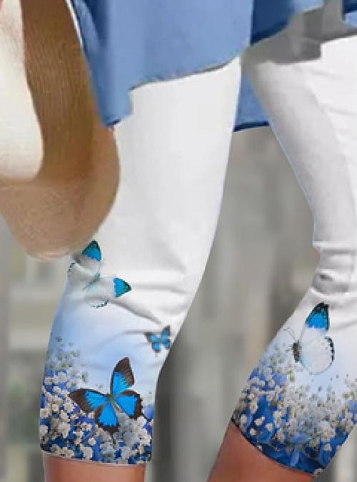 Dámské legíny capri vysoké elasticity ležérní délka lýtek s potiskem motýlů prodyšné rychleschnoucí měkké elastické ležérní každodenní modré 2025 - $18.99 –P3