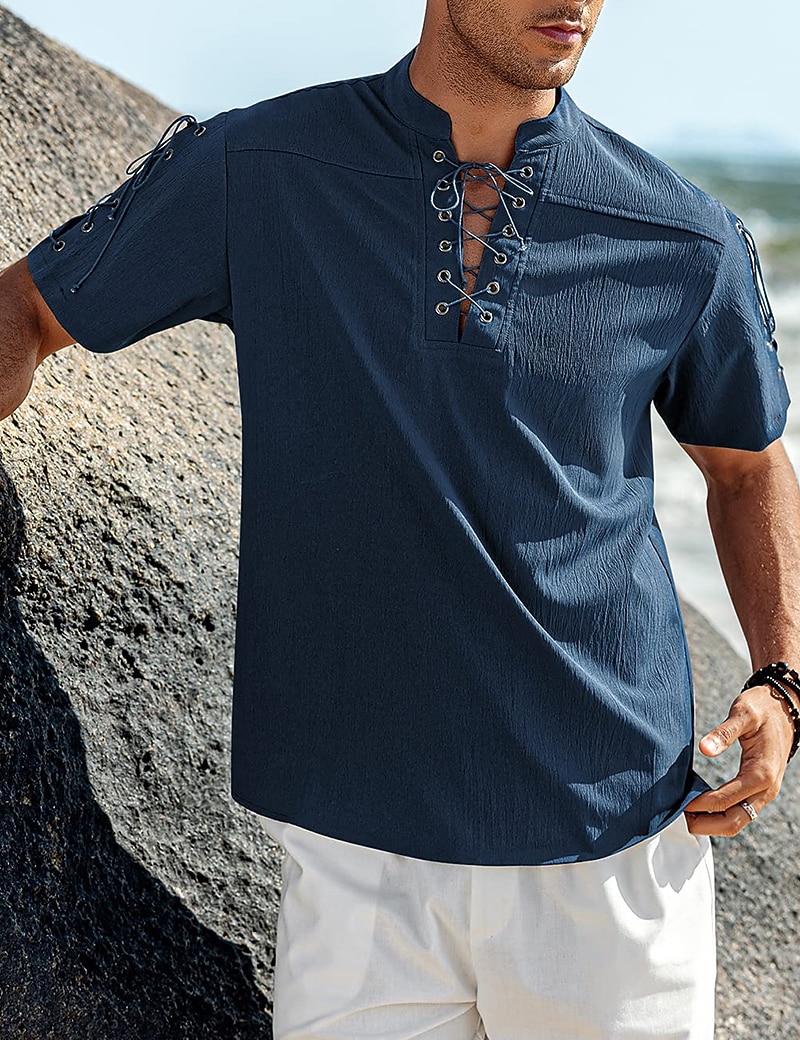 Homens Camisa Social camisa de linho Camisa casual camisa de praia Tecido Férias Havaiana Preto Branco Azul Marron Manga Curta Colarinho Chinês Primavera Verão Roupa Básico de 2026 por $25.99 –P13