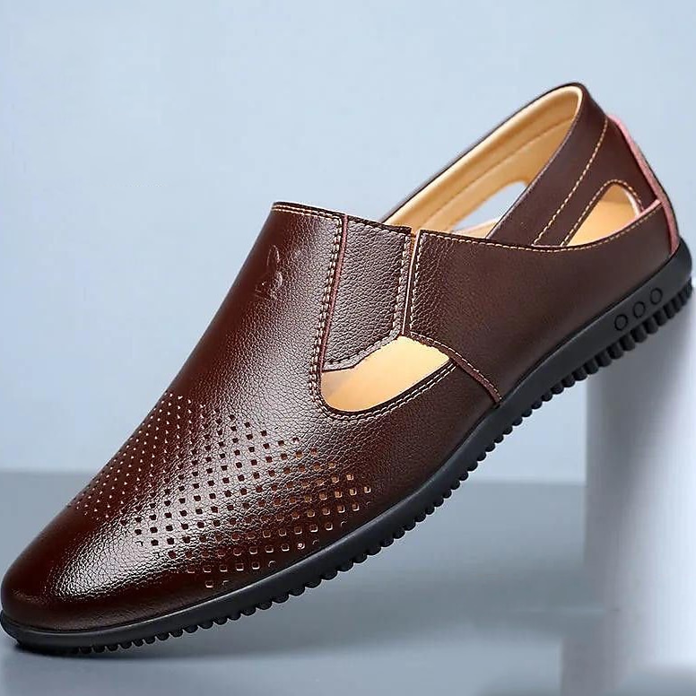 Men's Leather Sandals Black Summer Sandals Closed Toe Sandals Walking Casual Vacation Beach Breathable Slip-on White Brown Shoes 2025 - $42.99 –P3