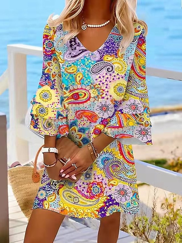 dámské mini šaty příležitostné šaty poloformální šaty drobné šaty sundress Bohemia volány rukáv dovolená každodenní koktejlová party regular fit květinový paisley 3/4 délky rukáv v-krk červená modrá 2025 - $46.99 –P7