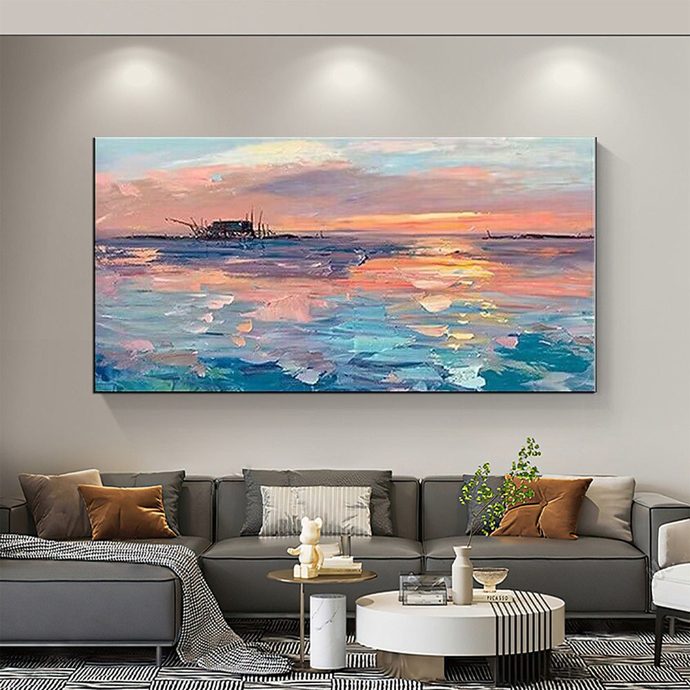 Pure Hand painted Sunset Sea Sky Ocean Beach Landscape Colorful Abstract Wall Art Extra Large Panoramic Oil Painting On Canvas 2025 - $83.99 –P8