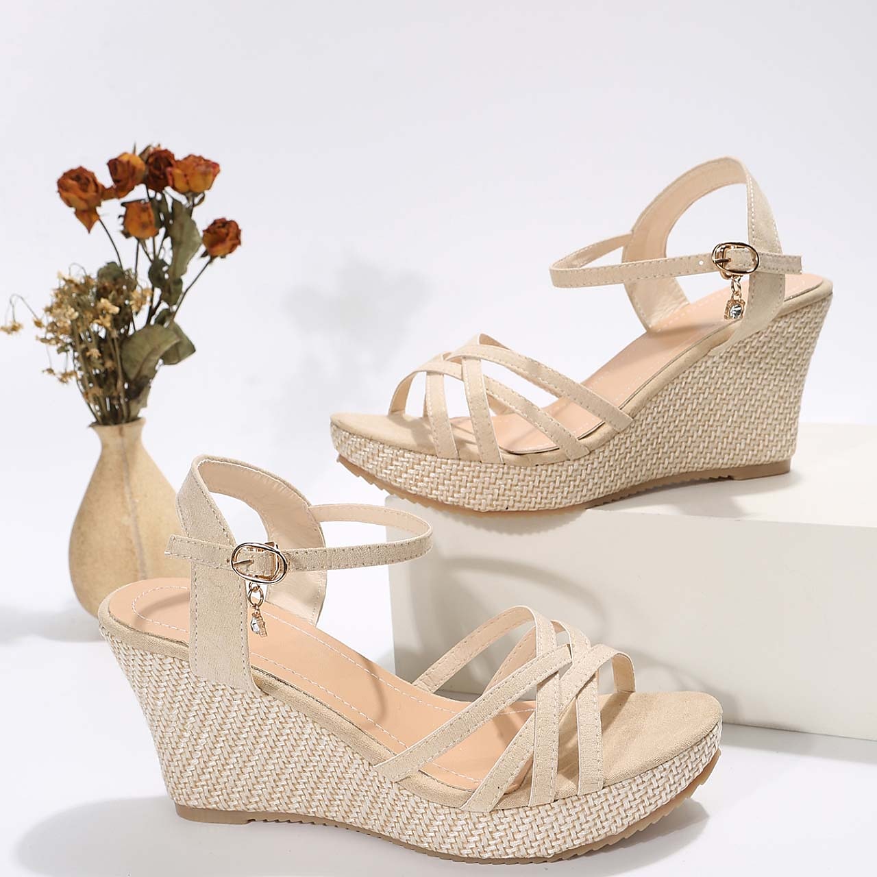 dámské páskové sandály boho sandály na klínku espadrilky venkovní pláž jednobarevné léto elegantní ležérní minimalismus pu přezka černá béžová 2025 - $36.99 -P2