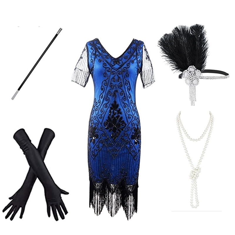 Goldene Zwanziger 1920er Knielang Kleid Flapper Kleid Outfits Kurze Ärmel Der große Gatsby Hochzeitsgast Pailletten Quastenfransen Pailletten Quaste V Ausschnitt Kostüm Damen Karneval Maskerade 2026 - $66.99 –P9