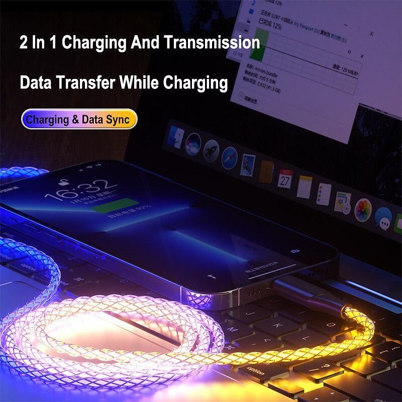 Fast Charging RGB Cable 100W Breathing Light 66W Type C USB C Data Cable for iPhone Samsung Android Micro 30W Quick Charge Cable 2026 - $11.99 –P7