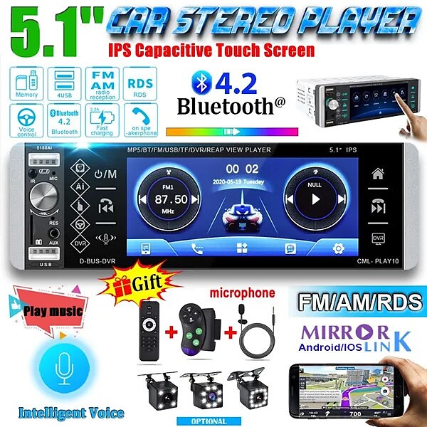 5.1'' IPS Capacitive HD Touch Screen Intelligent Voice 1din Car MP5 Player Bluetooth 4.2 Autoradio Support FM AM RDS Microphone DVR 4USB Bluetooth CAM(optional) 2025 - $93.99 –P1