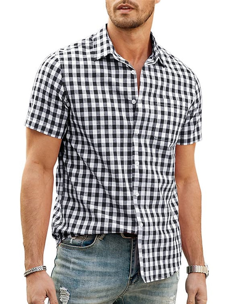 Men's Shirt Summer Shirt Casual Shirt Beach Shirt Button Up Shirt Checked Shirts Black Royal Blue Blue Red Dark Blue Short Sleeve Plaid / Check Lapel Vacation Daily Clothing Apparel Cotton Cotton 2025 - $21.99 –P4