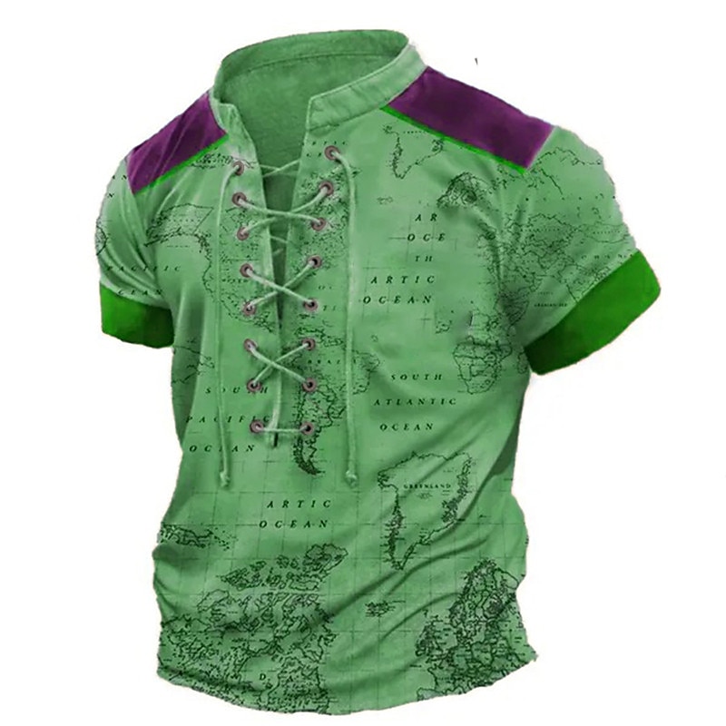 Men's T Shirt Graphic World Map Stand Collar Clothing Apparel 3D Print Daily Sports Going out Short Sleeve Lace up Print Vintage Fashion Designer Stylish 2025 - $21.99 –P5