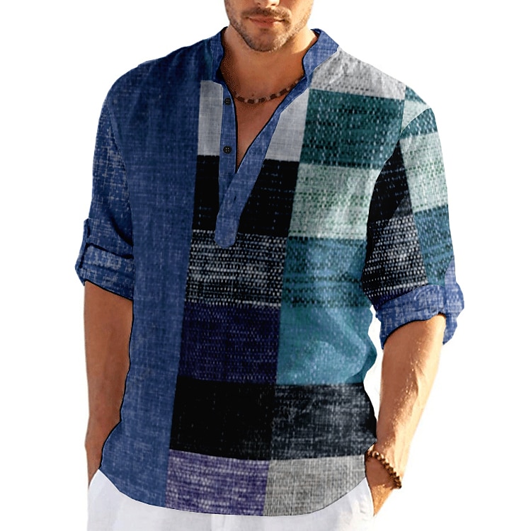 Men's Striped Geometric Pattern Geometry Shirt Button Up Shirt Long Sleeve Fashion Streetwear Designer Casual Going out Summer Spring Fall Stand Collar Print Blue-Green Yellow Black / Purple Red 2025 - $24.99 –P10