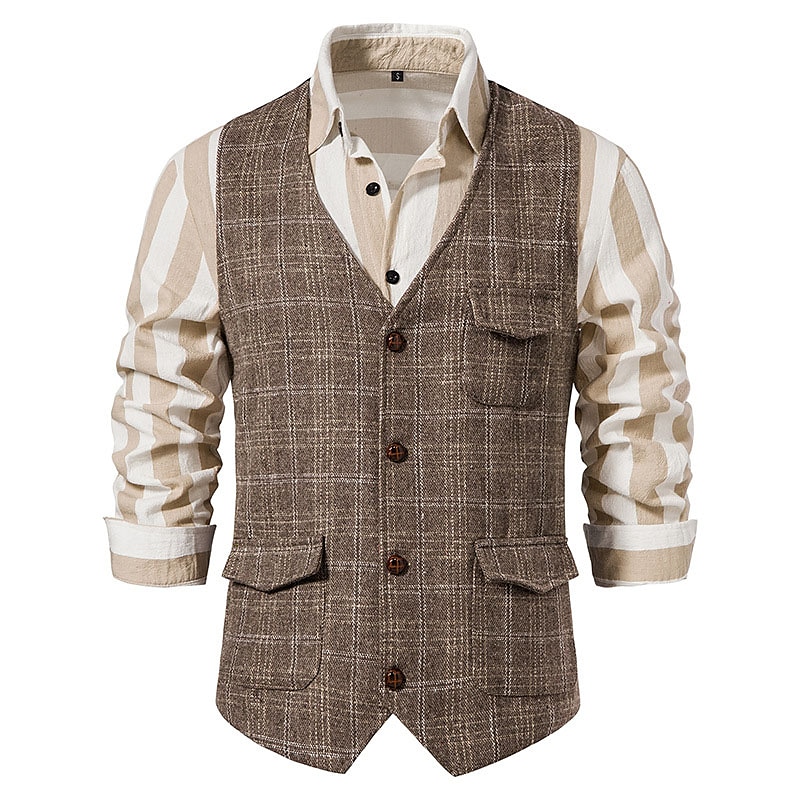 Pánské Kamizelka Vesta Denní nošení Dovolená Jdeme ven Vinobraní Bristké Jaro & podzim Tlačítko Polyester Pohodlné Pléd Jednořadé Klopa Běžný Šedá Černá Khaki Vesta 2025 - $31.99 –P2