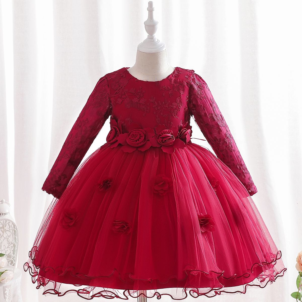 Kids Girls' Dress Party Dress Flower Long Sleeve Special Occasion Birthday Mesh Embroidered Princess Sweet Polyester Midi Party Dress Summer Spring 4-12 Years Pink Wine Green 2025 - $43.99 –P1