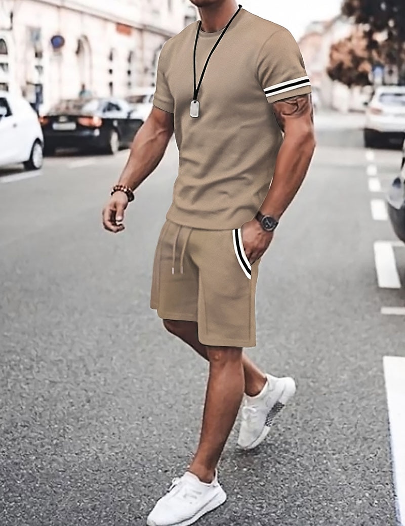 Men's Tee & Drawstring Waist Shorts 2 Pieces Outfits Short Sleeves Crewneck Summer Striped Fashion Sport Casual 2 Piece Striped Trim Vacation Daily Wear Activewear Black Pink Khaki Top Tee for Men 2025 - €18.99 –P1