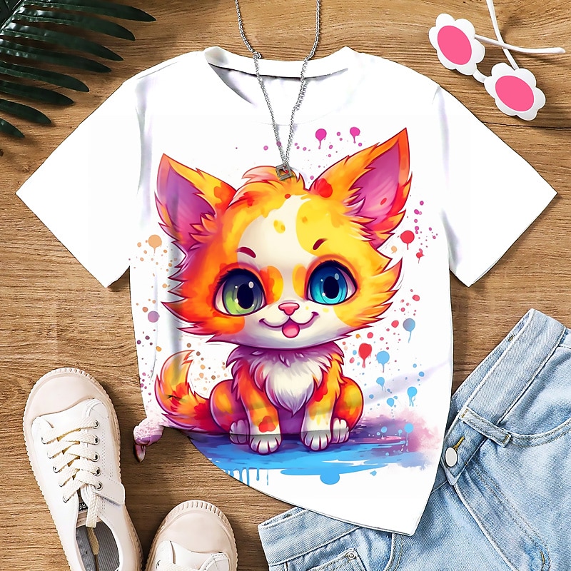 Flickor 3D Grafisk Tecknat Katt T-shirt Kortärmad 3D-tryck Sommar Vår Aktiv Mode söt stil Polyester Barn 3-12 år Utomhus Ledigt Dagligen Normal 2025 - $10.99 –P8
