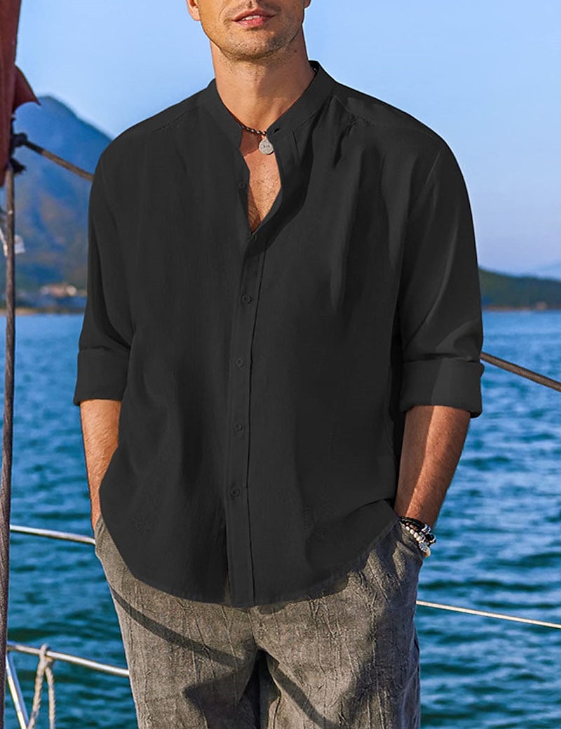 Per uomo Camicia Camicia con colletto a fascia Camicia estiva Abbigliamento mare Maglietta informale Camicia con bottoni Liscio Da mare Informale Nero Bianco Rosa Verde Manica lunga A fascia del 2025 a €21.99 –P14