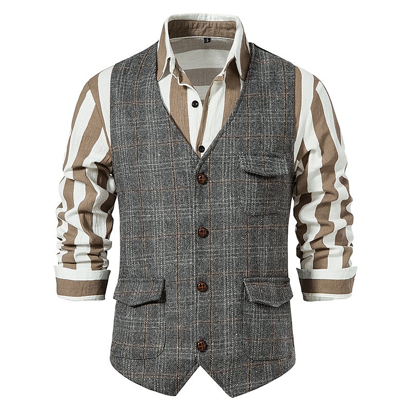 Pánské Kamizelka Vesta Denní nošení Dovolená Jdeme ven Vinobraní Bristké Jaro & podzim Tlačítko Polyester Pohodlné Pléd Jednořadé Klopa Běžný Šedá Černá Khaki Vesta 2025 - $31.99 –P7