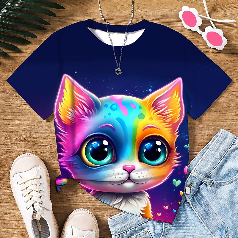 Flickor 3D Grafisk Tecknat Katt T-shirt Kortärmad 3D-tryck Sommar Vår Aktiv Mode söt stil Polyester Barn 3-12 år Utomhus Ledigt Dagligen Normal 2025 - $10.99 –P5