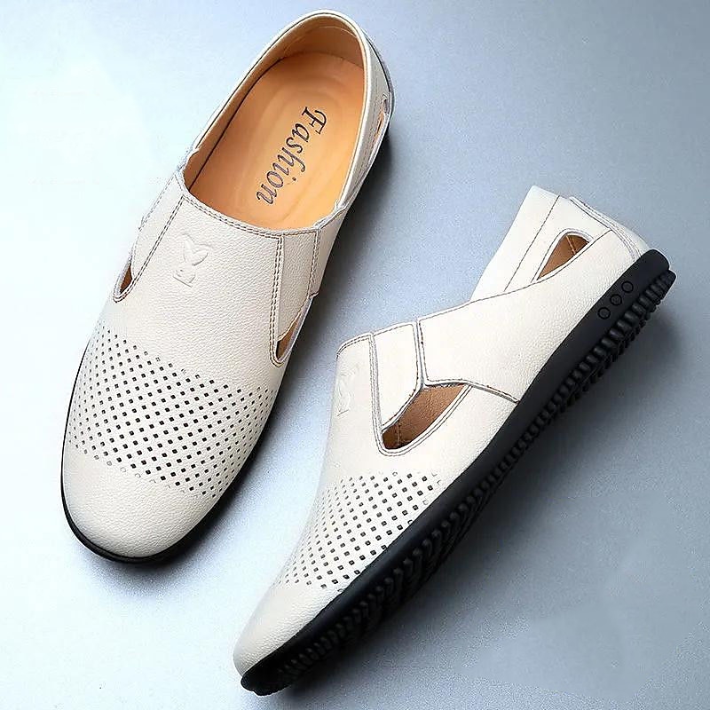 Men's Leather Sandals Black Summer Sandals Closed Toe Sandals Walking Casual Vacation Beach Breathable Slip-on White Brown Shoes 2025 - $42.99 –P4