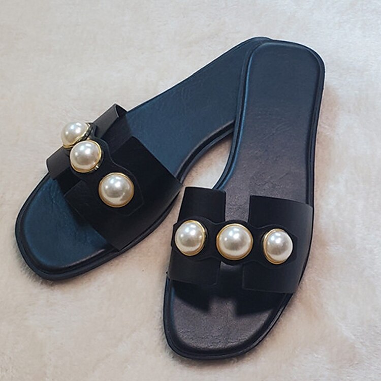 Women's Sandals Slippers Bling Bling Shoes Plus Size Outdoor Slippers Outdoor Beach Solid Color Summer Imitation Pearl Flat Heel Elegant Casual Minimalism PU Loafer Black White Brown 2023 - AED 79 –P5