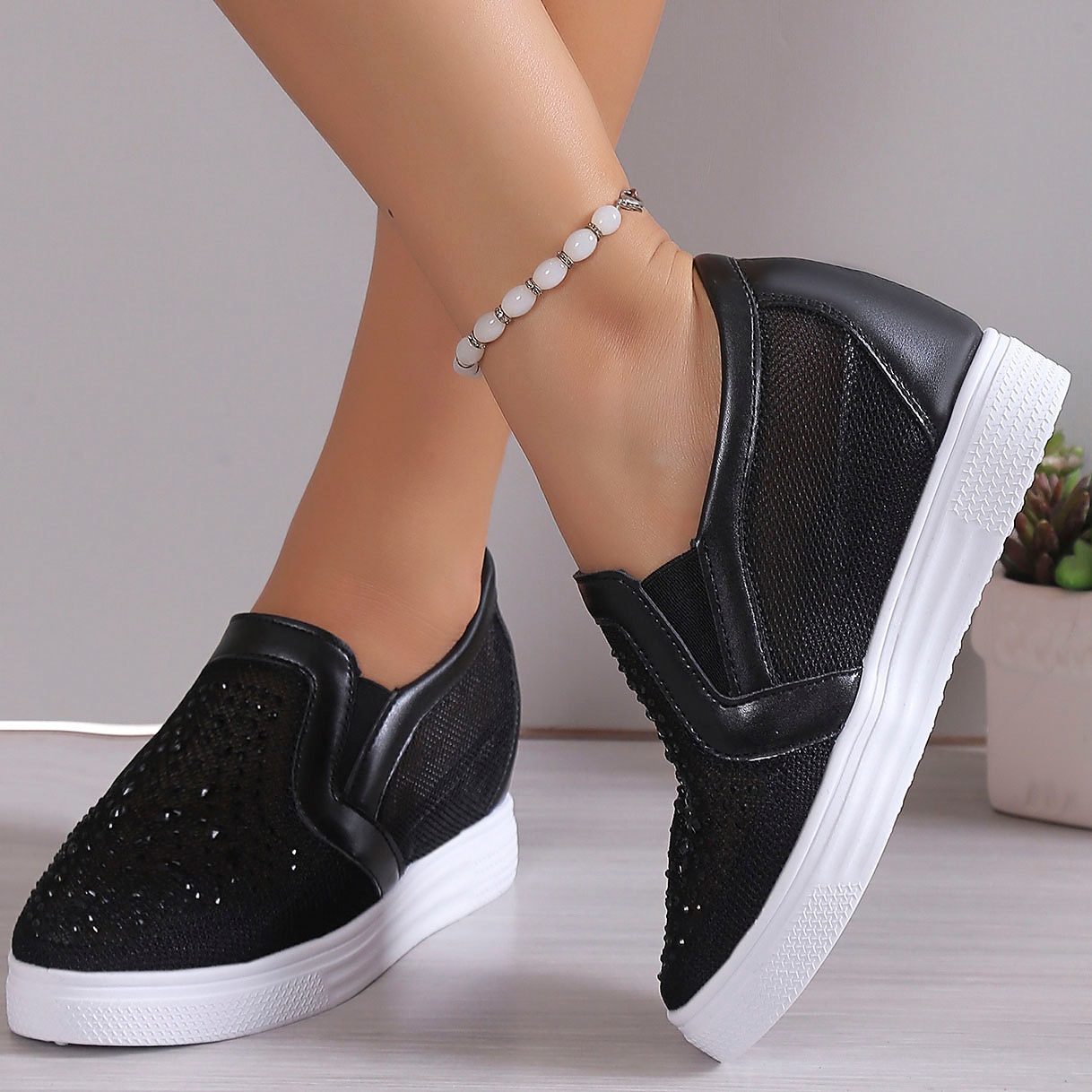 Women's Sneakers Slip-Ons Wedge Heels Height Increasing Shoes Platform Sneakers Daily Solid Color Galaxy Glow in the Dark Rhinestone Wedge Heel Hidden Heel Round Toe Fashion Sporty Casual Walking Mesh 2023 - AED 139 –P7