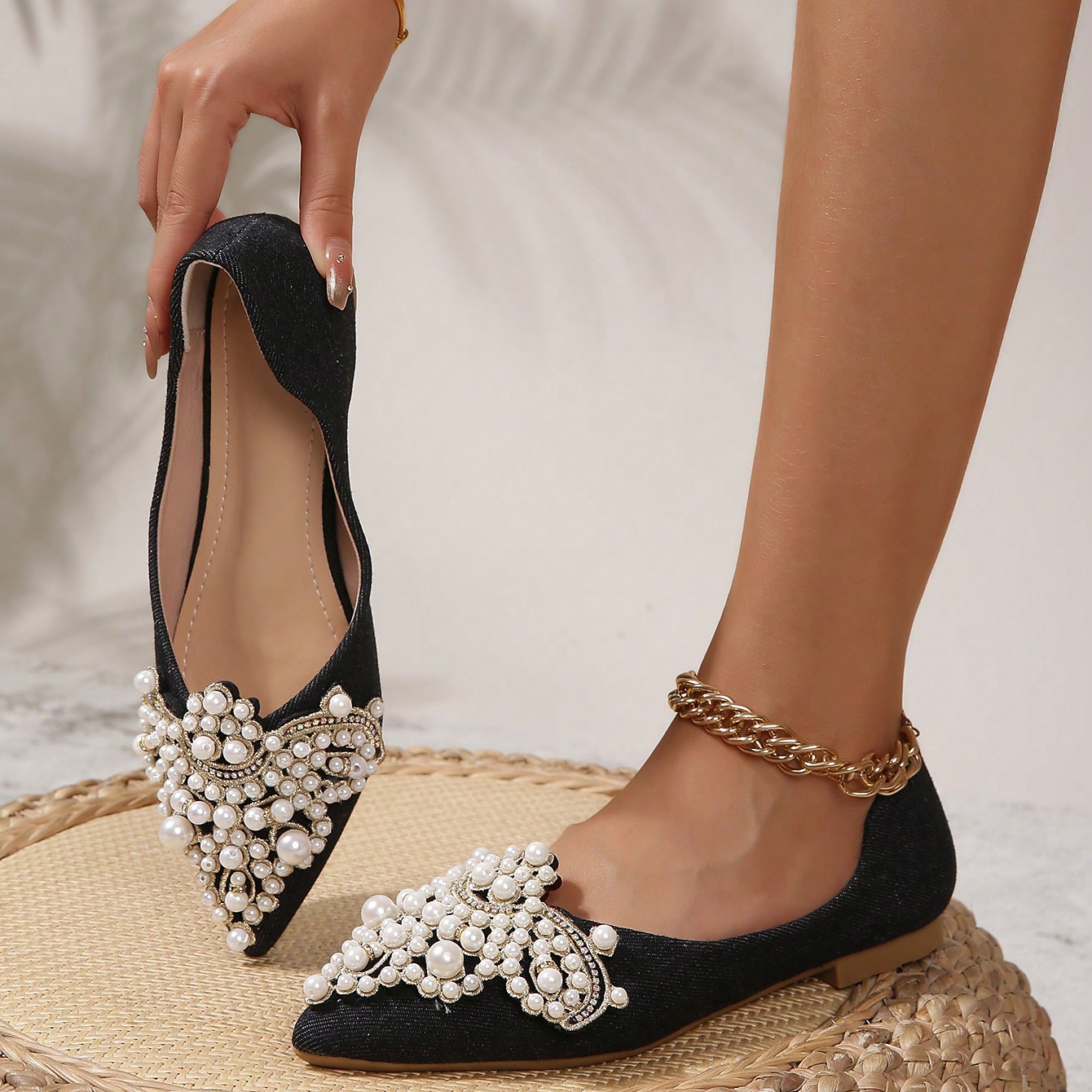Hochzeitsschuhe für Braut, Brautjungfer, Damen, geschlossene Zehenpartie, spitze Zehenpartie, Aprikosenschwarze PU-Flats mit Imitationsperlenkristall, flacher Absatz, Hochzeit, Party, Valentinstag, eleganter Klassiker 2025 - $46.99 –P9