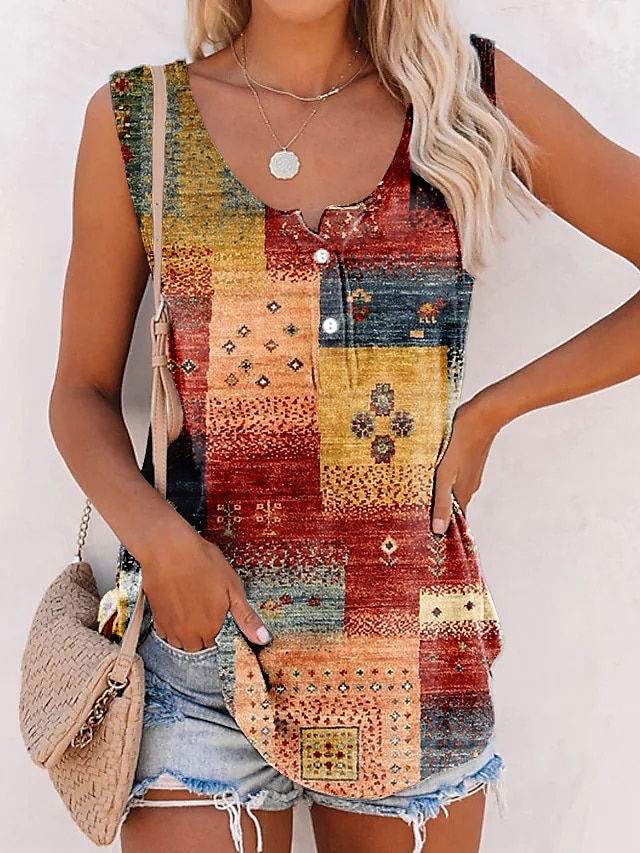 Women's Camisole Tank Top Basic Print Sleeveless Regular Tops U Neck Casual Red Brown Green 2025 - $17.99 –P1