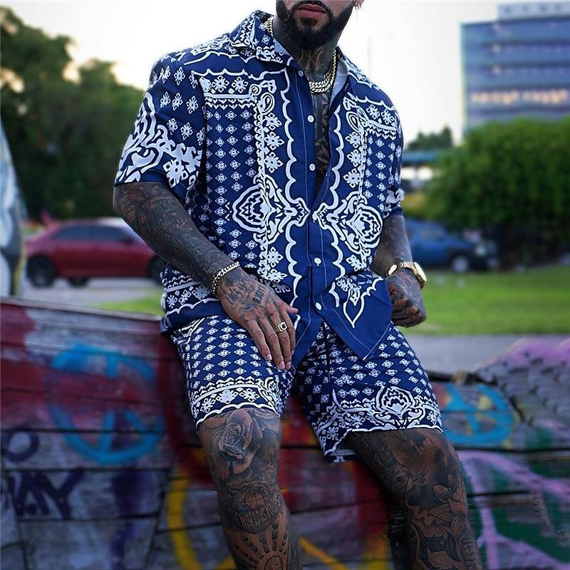 2026年 男性用 ペーズリー トライバル グラフィック シャツセット シャツ シャツセット アロハシャツ 半袖 折襟 ファッション ストリートファッション デザイナー アウトドア ストリート カジュアル プリント 夏 春 ルビーレッド ブルー  コレクション – $33.99 –P4
