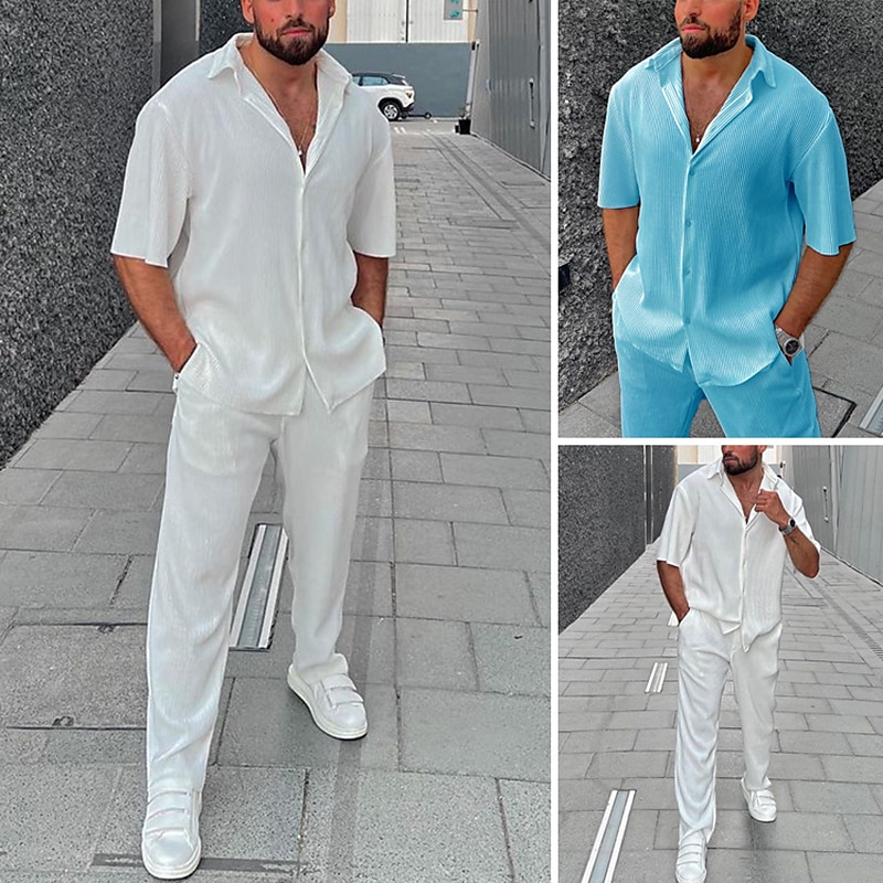 Hombre Camisa 2 Piezas Conjunto de camisa Camisa casual Blanco Azul Piscina Mangas cortas Plano Diseño Calle Vacaciones Básico Ropa Moda Ocio 2025 - $46.99 –P1