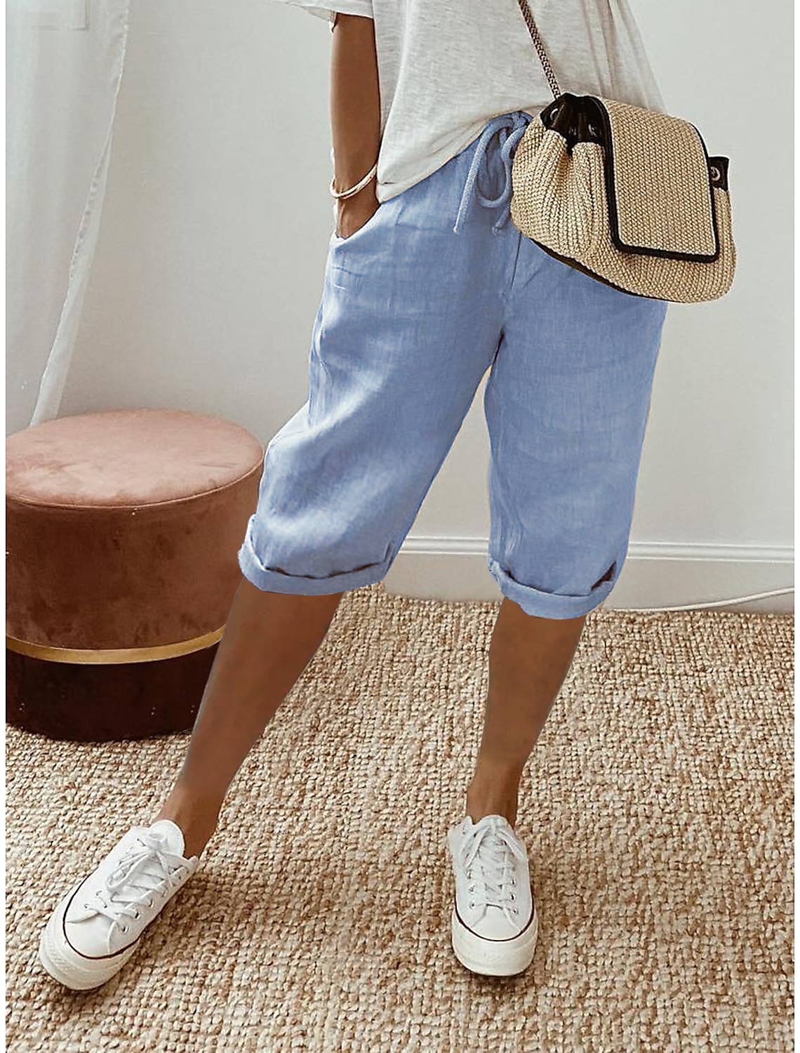 Women's Linen Pants Baggy Knee Length Pocket Baggy Vacation Casual Daily Casual Daily Wear Robin's Egg Blue White / White S M Autumn / Fall Spring & Summer 2023 - US $16.99 –P3