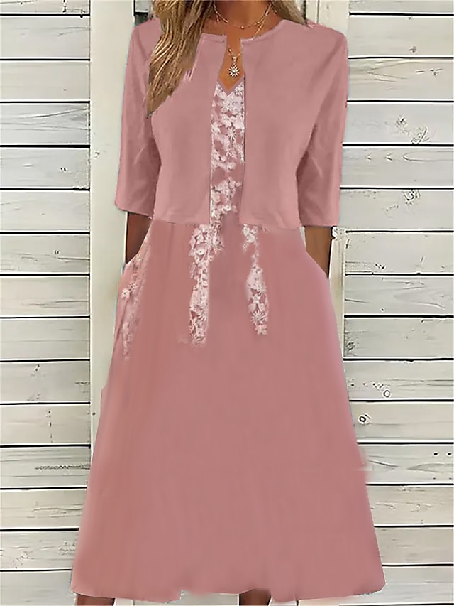 Robe casual Femme Ensemble Robe Deux Pièces Extérieur du quotidien Mode Elégant Brodée Poche Robe mi-longue Col V Manches 3/4 Floral Standard Rose Claire Eté Printemps S M L XL XXL de 2025 ? $32.99 –P1