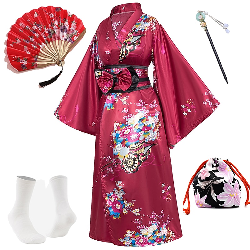 Japanese Anime Women's Kimono Robe Geisha Yukata Sweet Dress Blossom Satin Bathrobe Sleepwear Fans Socks Hair Accessories Purse 5 PCS 2025 - $68.99 –P1