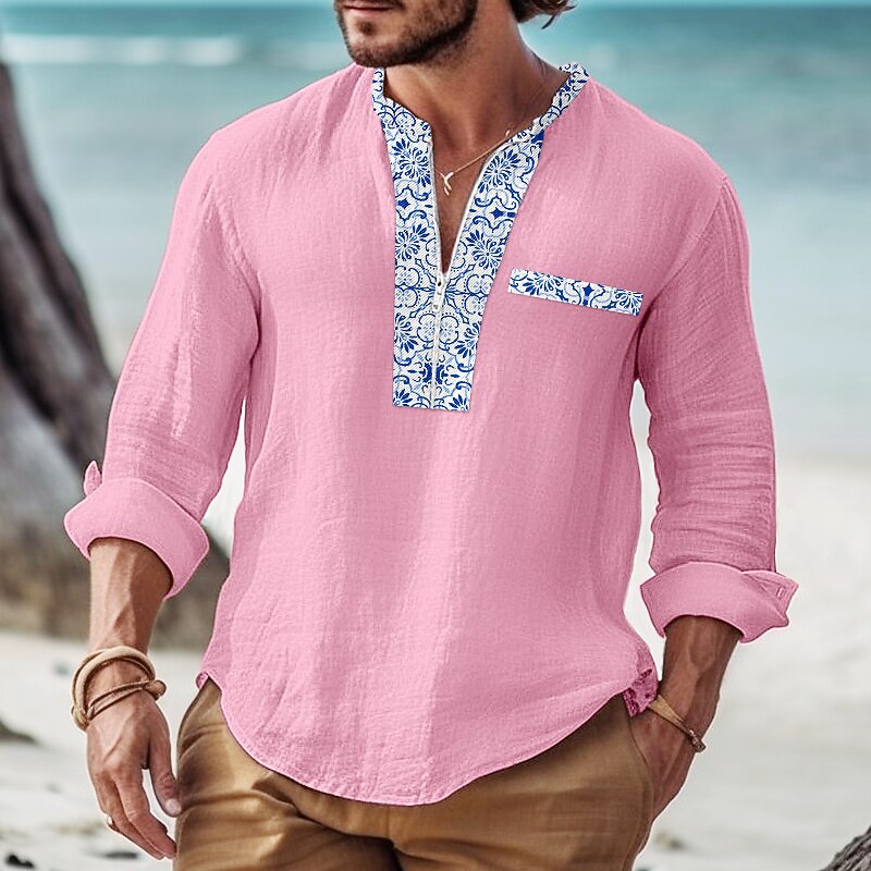 Herren Hemd Lässiges Hemd Sommerhemd Strandhemd Weiß Rosa Marineblau Blau Grau Langarm Patchwork Troyer Halber Reißverschluss Täglich Urlaub Vordertasche Bekleidung Modisch Brautkleider schlicht 2025 - $23.99 –P5