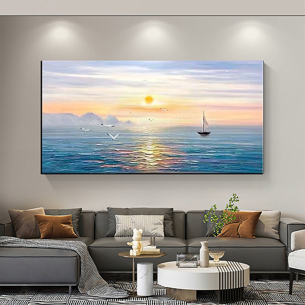 Pure Hand painted Sunset Sea Sky Ocean Beach Landscape Colorful Abstract Wall Art Extra Large Panoramic Oil Painting On Canvas 2025 - $83.99 –P6