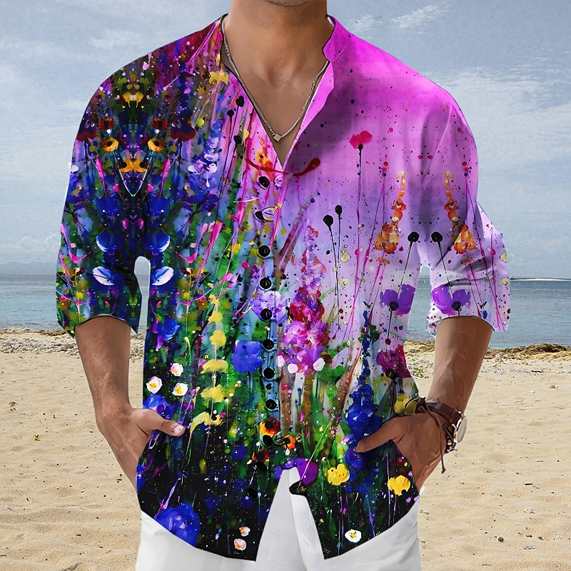 Bărbați Floral Flori tropicale Cămașă Cămașă hawaiană Cămașă Aloha Manșon Lung Cămașă Guler de stand Modă Șic Stradă Designer În aer liber Stradă Casual Galben Roșu-aprins Albastru piscină S M L 2025 - $26.99 –P1