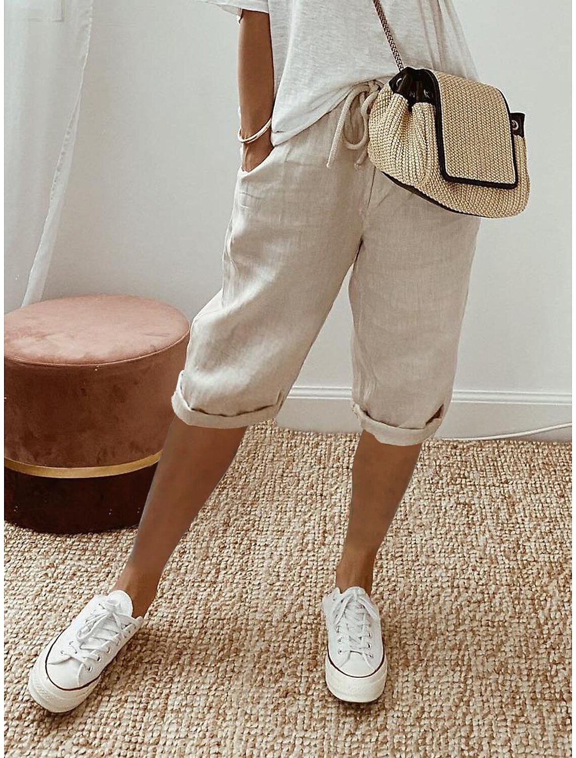 Women's Linen Pants Baggy Knee Length Pocket Baggy Vacation Casual Daily Casual Daily Wear Robin's Egg Blue White / White S M Autumn / Fall Spring & Summer 2023 - US $16.99 –P1