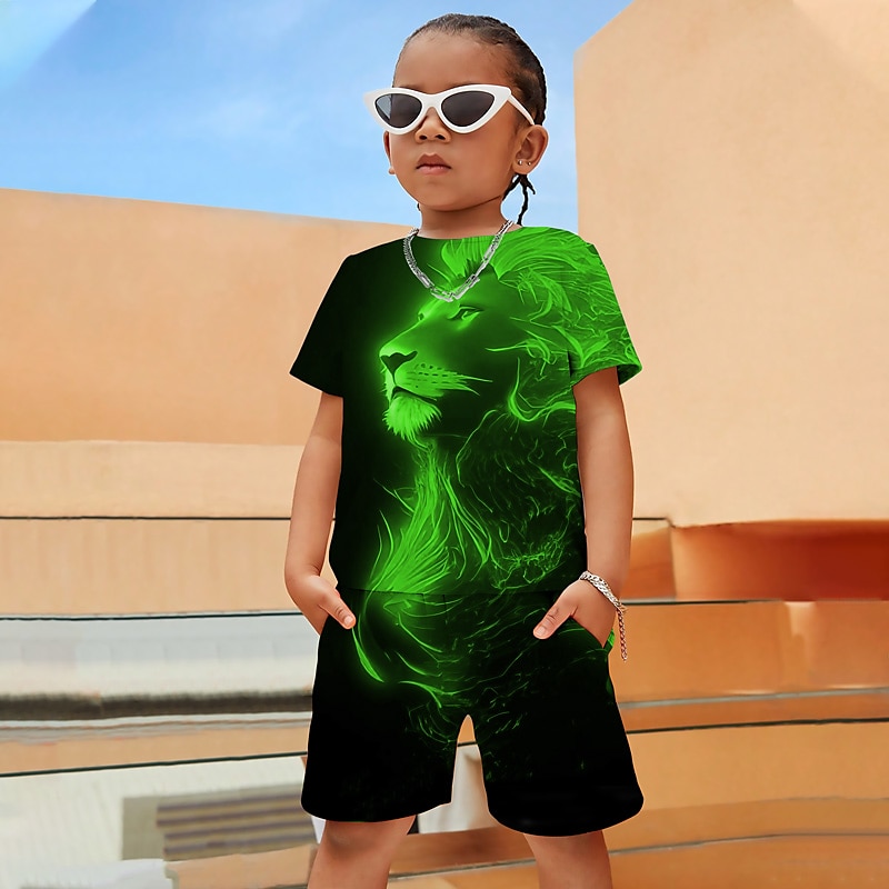 Set îmbrăcăminte băieți, tricou și pantaloni scurți cu grafică 3D pentru animale leu, set îmbrăcăminte mânecă scurtă, imprimeuri 3D, vară primăvară, sport activ, la modă, poliester, copii 4-12 ani, activități în aer liber, stradă, vacanță, croială standar 2025 - $17.99 –P8