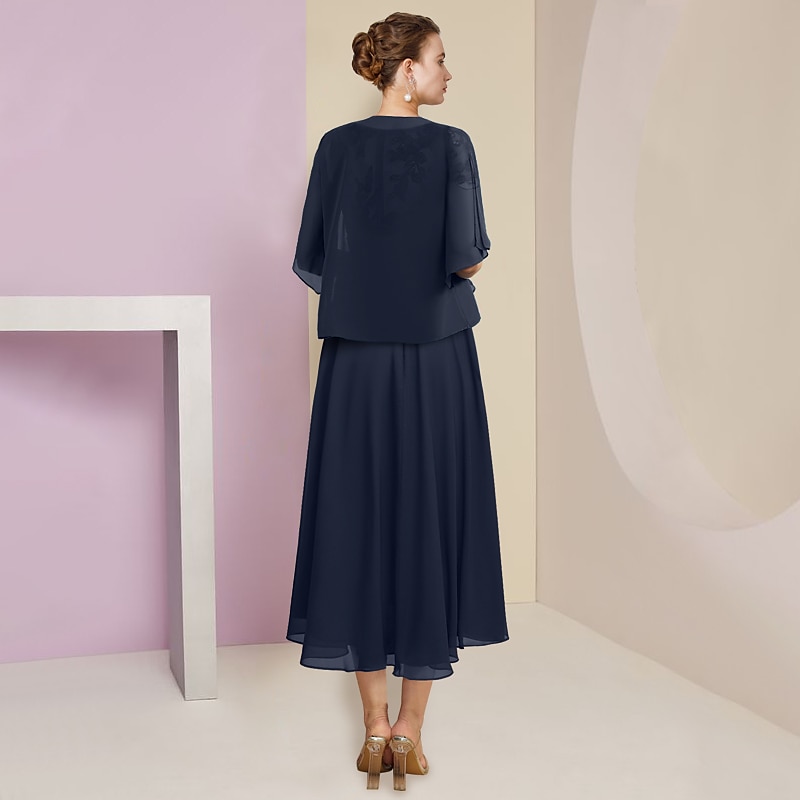 Kaksi Osaa A-linja Äidin Mekko Virallinen Häävieras Elegantti Pyöreä Kaula-aukko Teepituinen Tylli Pitkähiha Wrap Mukana Rypytyksellä Sequins Koristeilla Ilmainen Mukautettu Koko 2025 - $164.99 –P3