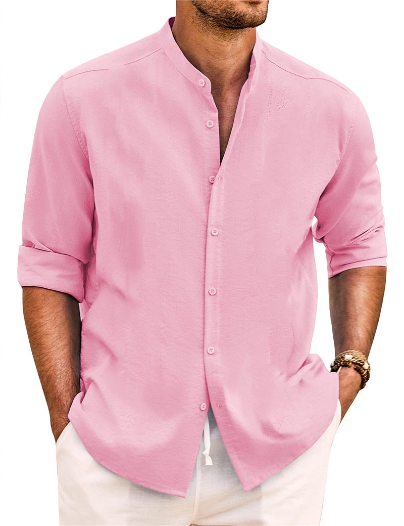 Per uomo Camicia Camicia con colletto a fascia Camicia estiva Abbigliamento mare Maglietta informale Camicia con bottoni Liscio Da mare Informale Nero Bianco Rosa Verde Manica lunga A fascia del 2025 a €21.99 –P10