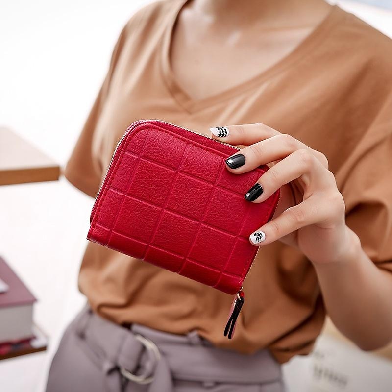 2025年 女性用PUレザー短財布、女性用チェック柄財布、ヌバックカードホルダー、小さなジッパー財布、女性用コインポーチ付き コレクション – $7.99 –P10