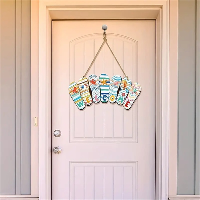 1 pc pantoufles d'été en bois signe suspendu bonjour l'été plaque de plage rustique bienvenue plage thème décor pour porte mur porche intérieur extérieur 12 x 6 x 0,2 pouces style de bienvenue fête de 2026 ? $9.99 –P4