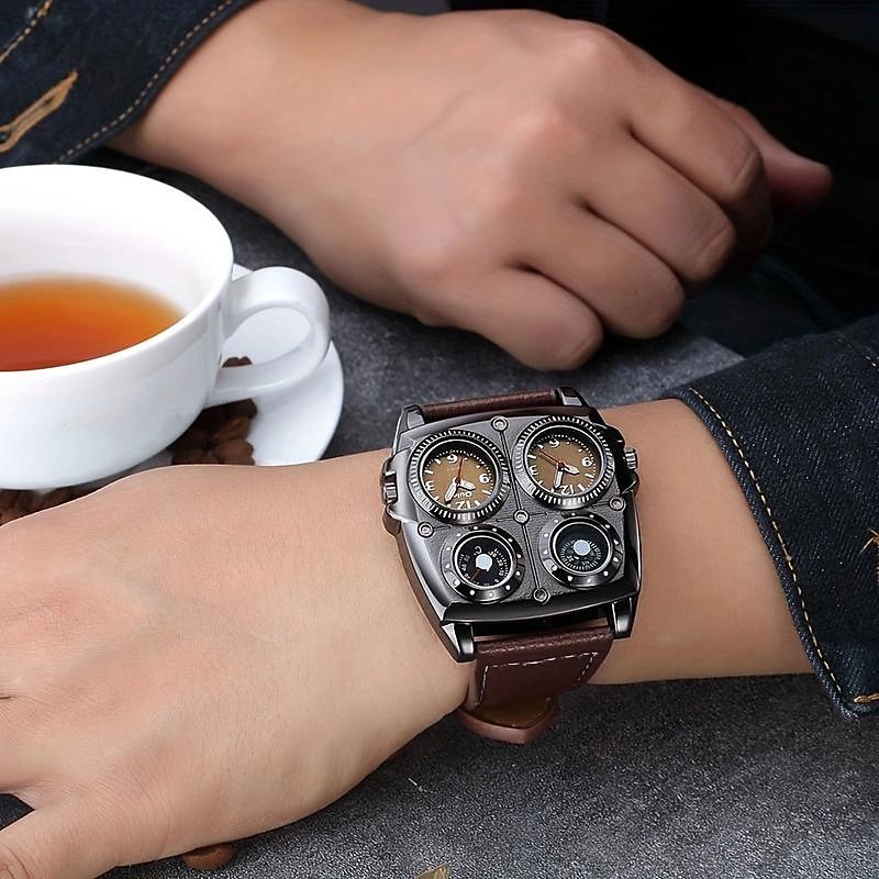Oulm Herren Quarz Uhr Minimalistisch Retro Vintage Sport Mode Kompass Wasserdicht Thermometer Dekoration Lederuhr 2025 - $25.99 –P2