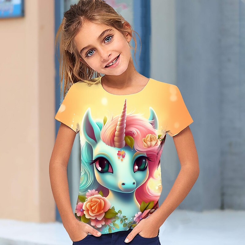 Flickor 3D Grafisk Tecknat Enhörnings T-shirt Kortärmad 3D-tryck Sommar Vår Aktiv Mode söt stil Polyester Barn 3-12 år Utomhus Ledigt Dagligen Normal 2025 - $11.49 –P2