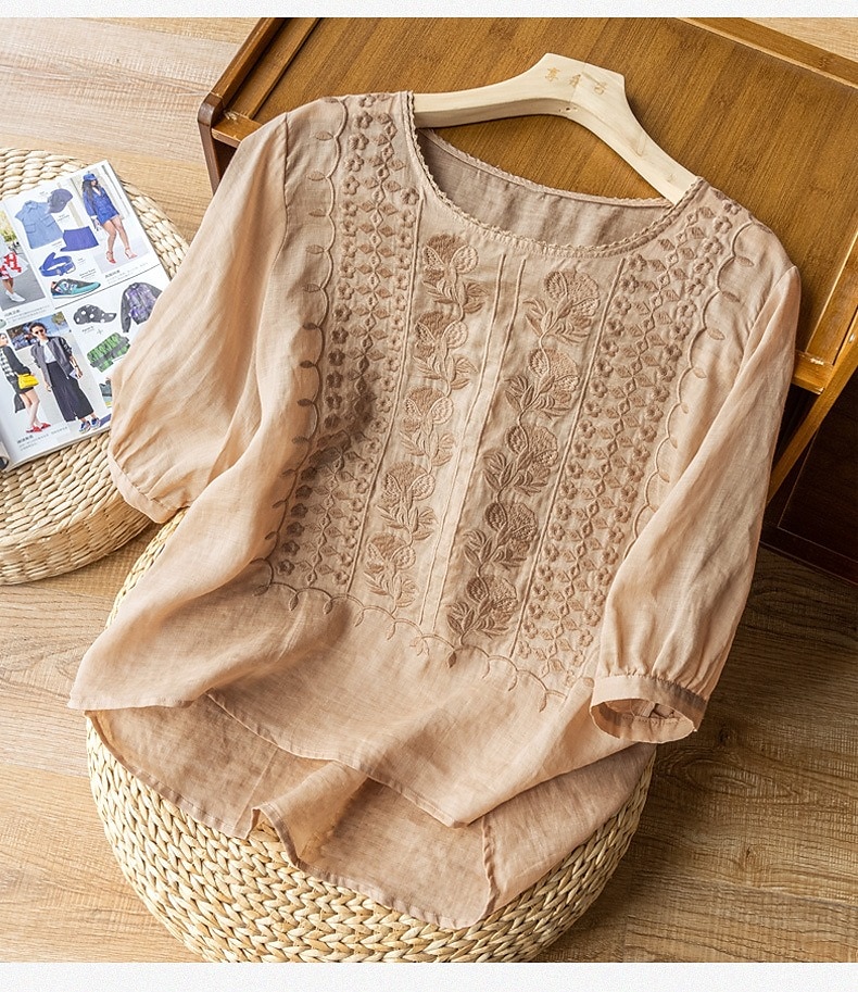 Pentru femei Cămașă Bluză Topuri lungi din bumbac Blat alb din bumbac Floral Casual Manșon Jumate Rotund Topuri obișnuite Ieșire Brodat Alb Galben Mov Kaki 2025 - $29.99 –P2