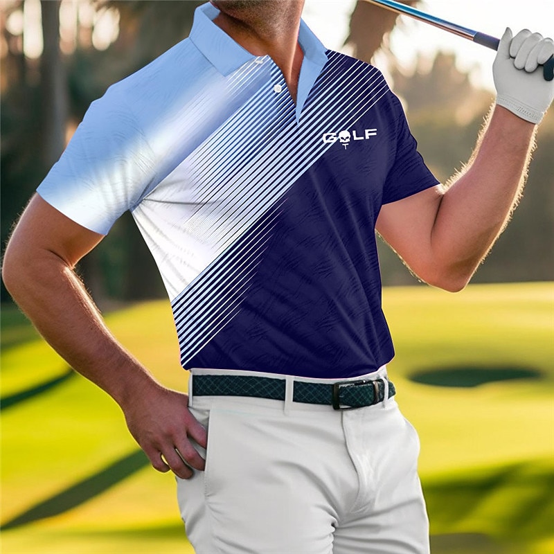 Homme Rayé Polos de Sport Chemise de golf Manche Courte Polos Chemises à Col Occasionnel Vêtements de sport Vêtements de vacances Boutons Impression 3D Bleu vert Rouge Bleu de 2026 ? $23.99 –P1