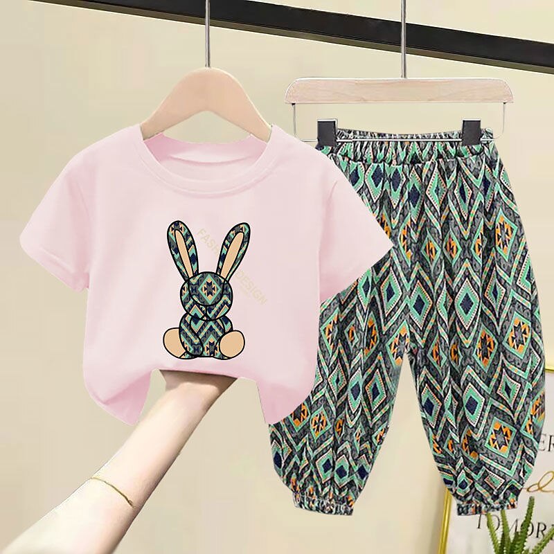2 Piese Copii Fete Geometric Costum de pantaloni A stabilit Manșon scurt Modă În aer liber Bumbac 3-7 ani Vară Negru Alb Galben 2025 - $13.49 –P6
