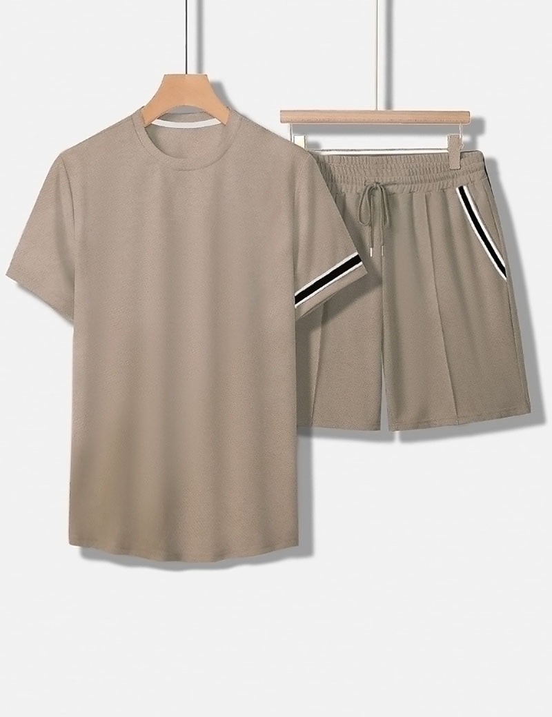 Men's Tee & Drawstring Waist Shorts 2 Pieces Outfits Short Sleeves Crewneck Summer Striped Fashion Sport Casual 2 Piece Striped Trim Vacation Daily Wear Activewear Black Pink Khaki Top Tee for Men 2025 - €18.99 –P5