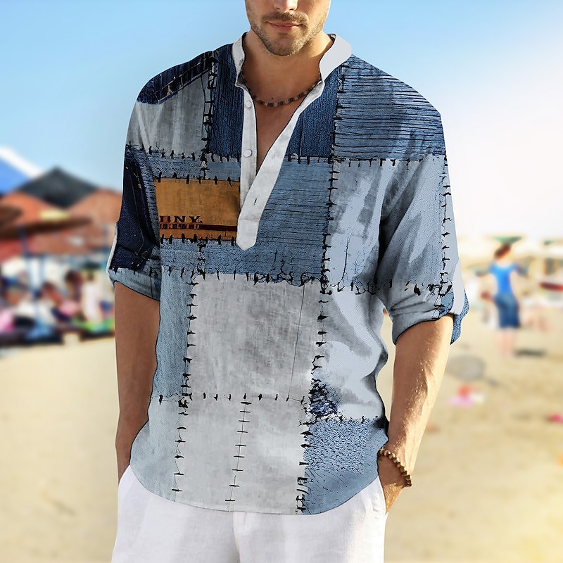 Voor heren Kleurenblok Geometrisch patroon Geometrie Overhemd Overhemd met knopen Lange mouw Modieus Streetwear Ontwerper Buiten Dagelijks Zomer Lente Herfst Opstaand Afdrukken Rood Marine Blauw 2025 - $24.99 –P1