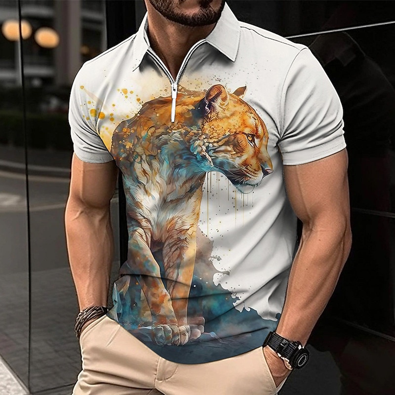 Men's Lion Zip Polo Shirts Golf Shirt Short Sleeve Polo Shirts Collared Shirts Casual Funny Streetwear Vacation Wear Party Outfits 3D Print Quarter Zip Polo Black White Yellow 2025 - $22.99 –P2