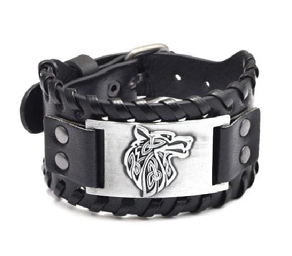 Breites Wikinger-Armband, antikes Silber, Wolfskopf-Muster, Armreif, PU-Manschette, Retro-Vintage-Mittelalter, für Männer und Frauen 2025 - $13.49 –P7