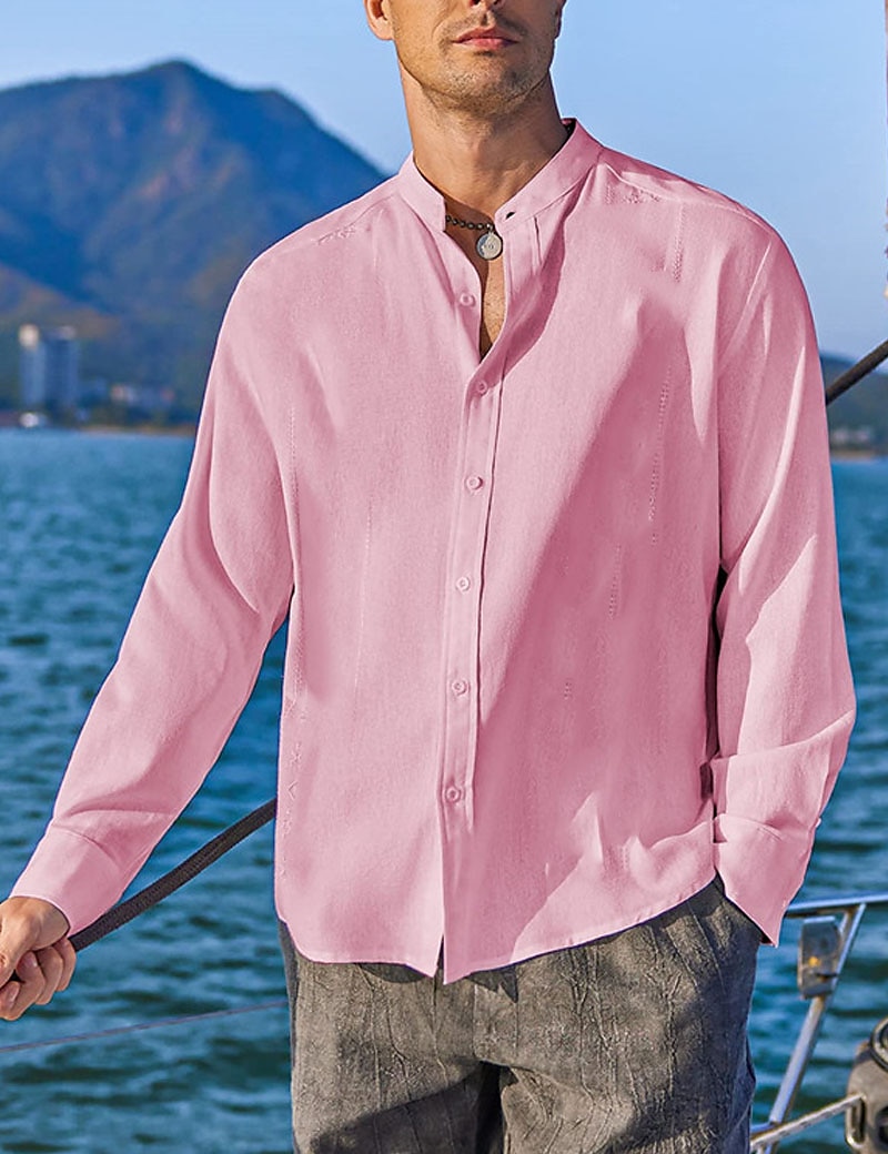 Per uomo Camicia Camicia con colletto a fascia Camicia estiva Abbigliamento mare Maglietta informale Camicia con bottoni Liscio Da mare Informale Nero Bianco Rosa Verde Manica lunga A fascia del 2025 a €21.99 –P11