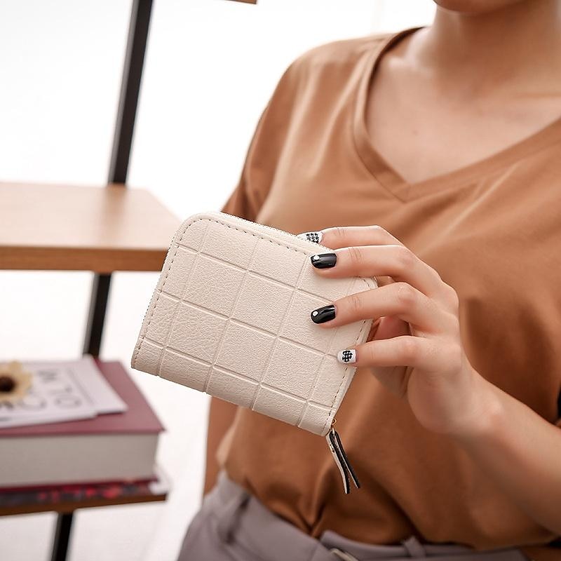 2025年 女性用PUレザー短財布、女性用チェック柄財布、ヌバックカードホルダー、小さなジッパー財布、女性用コインポーチ付き コレクション – $7.99 –P9